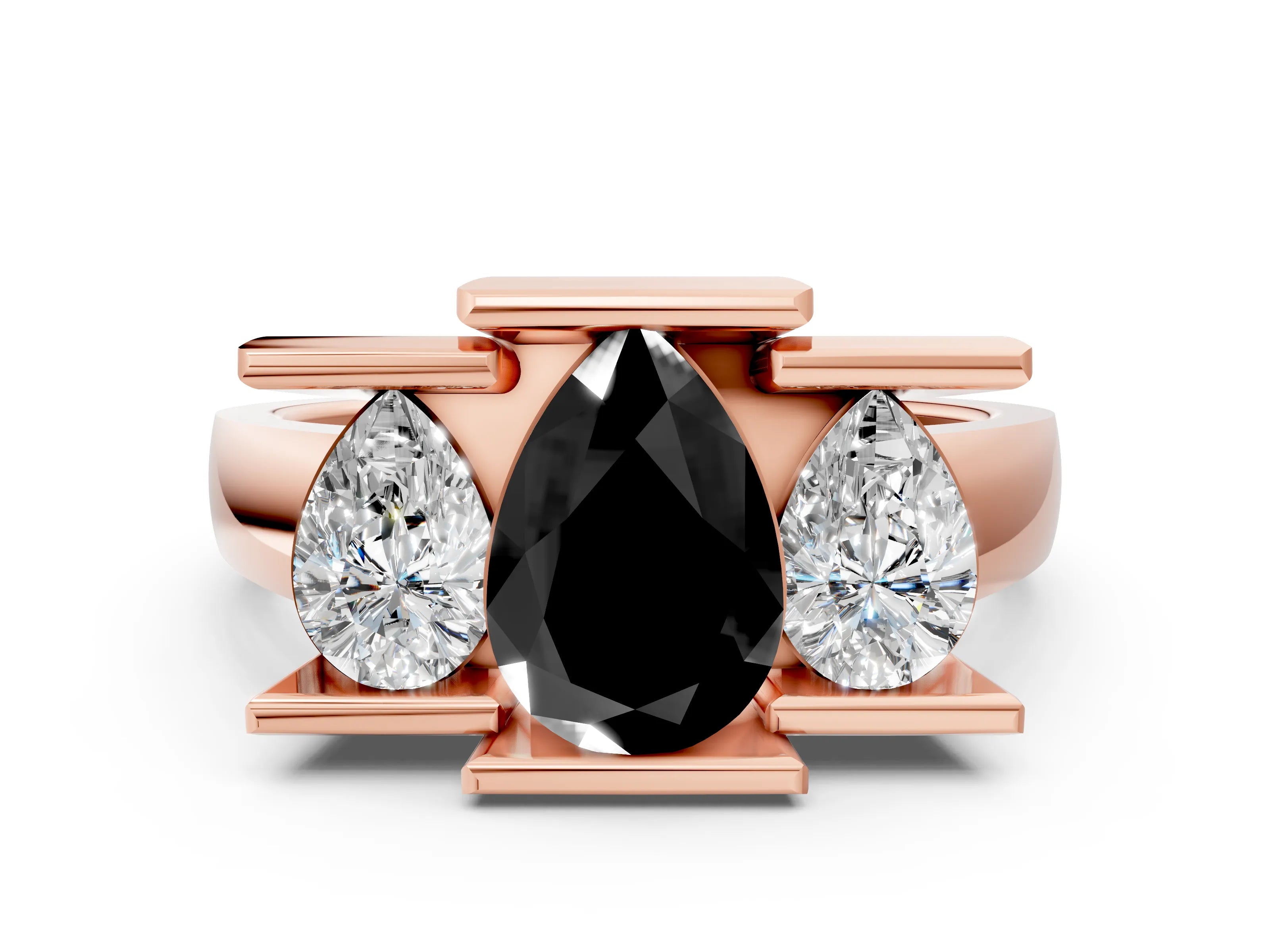 Rose gold Three Stone Fancy Black Pear Cut Cut Channel Set Diamond Ring