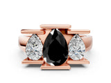 Rose gold Three Stone Fancy Black Pear Cut Cut Channel Set Diamond Ring
