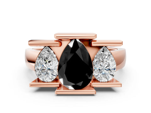Rose gold Three Stone Fancy Black Pear Cut Cut Channel Set Diamond Ring