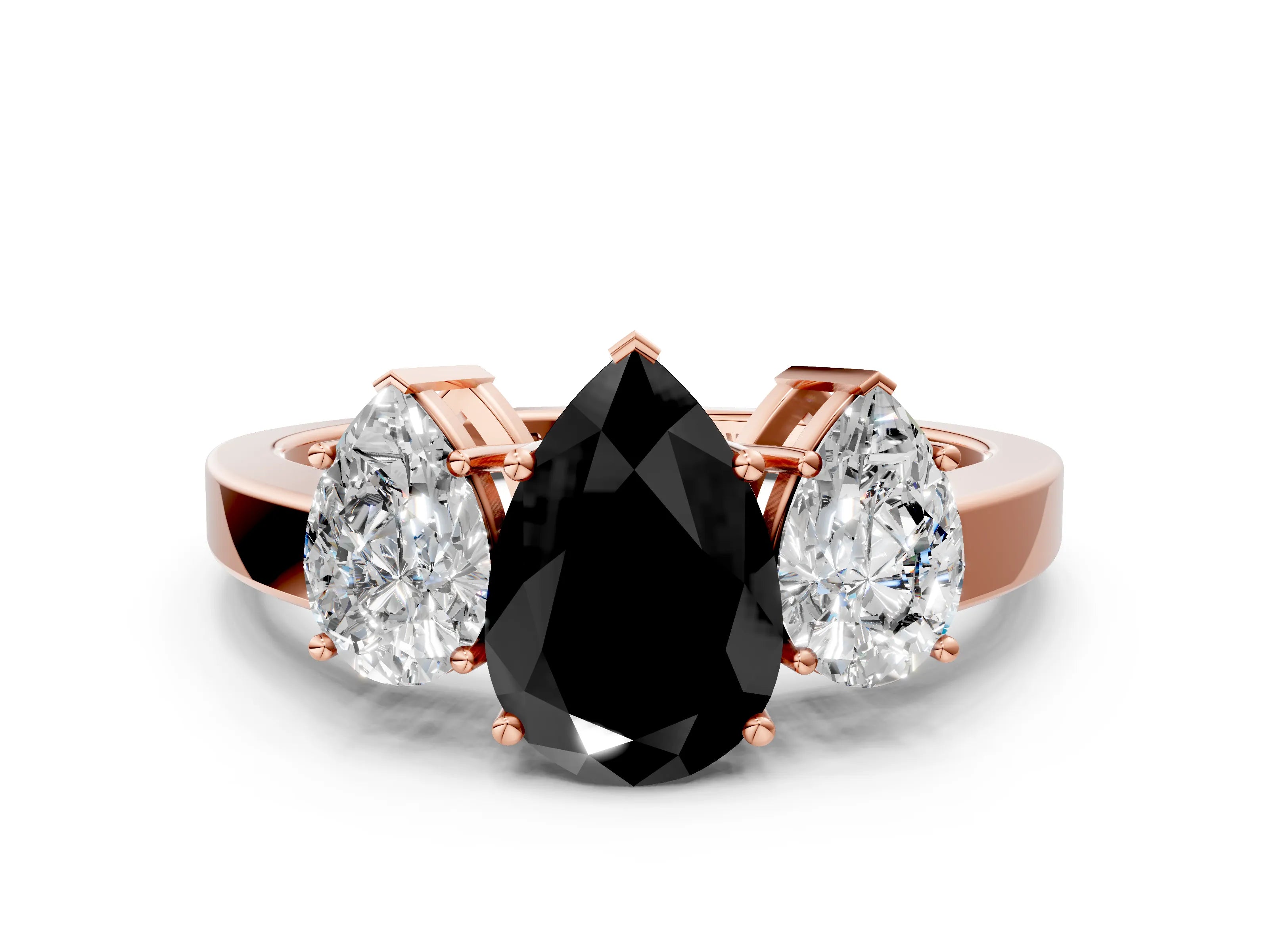 Rose gold Three-Stone Fancy Black Pear Cut Cut Diamond Engagement Ring with Flat Band and Four-Prong Setting