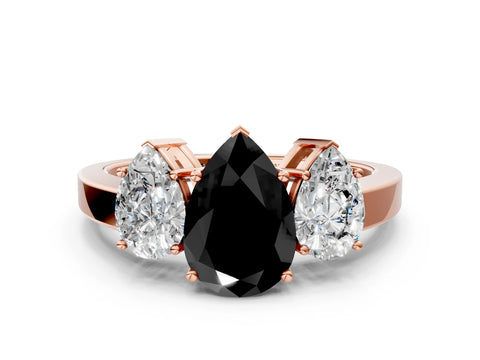 Rose gold Three-Stone Fancy Black Pear Cut Cut Diamond Engagement Ring with Flat Band and Four-Prong Setting