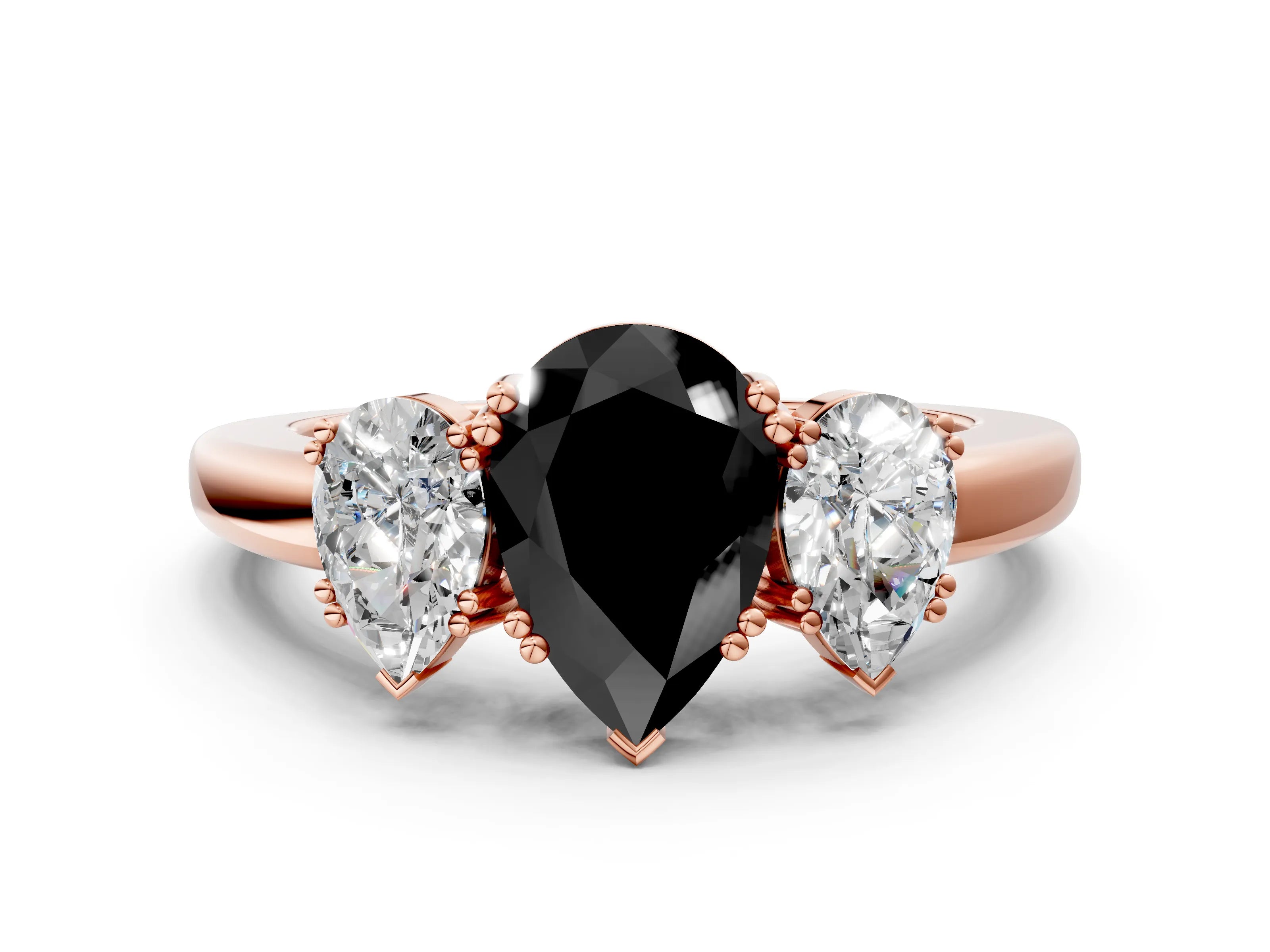 Rose gold Three-Stone Fancy Black Pear Cut Cut Diamond Ring with Channel Set Band and Four-Prong Setting