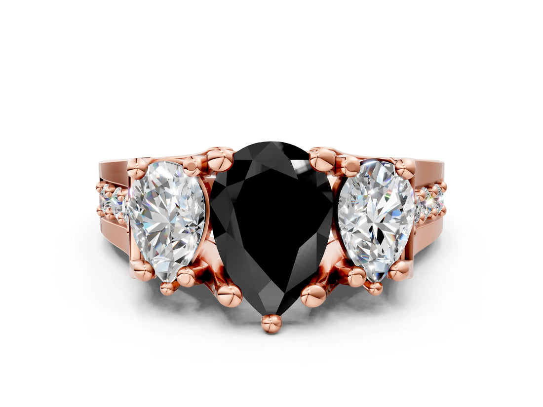 Rose gold Three-Stone Fancy Black Pear Cut Cut Diamond Ring with Channel-Set Band and Four-Prong Setting_12
