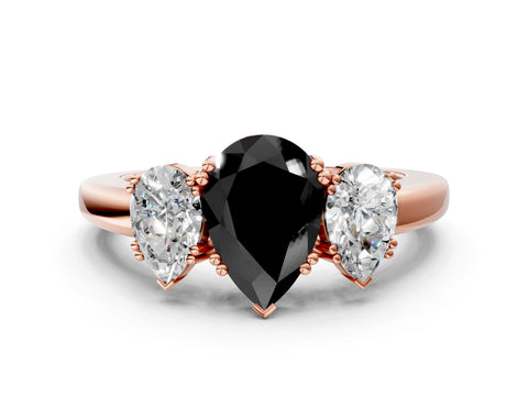 Rose gold Three-Stone Fancy Black Pear Cut Cut Diamond Ring with Channel Set Band and Four-Prong Setting