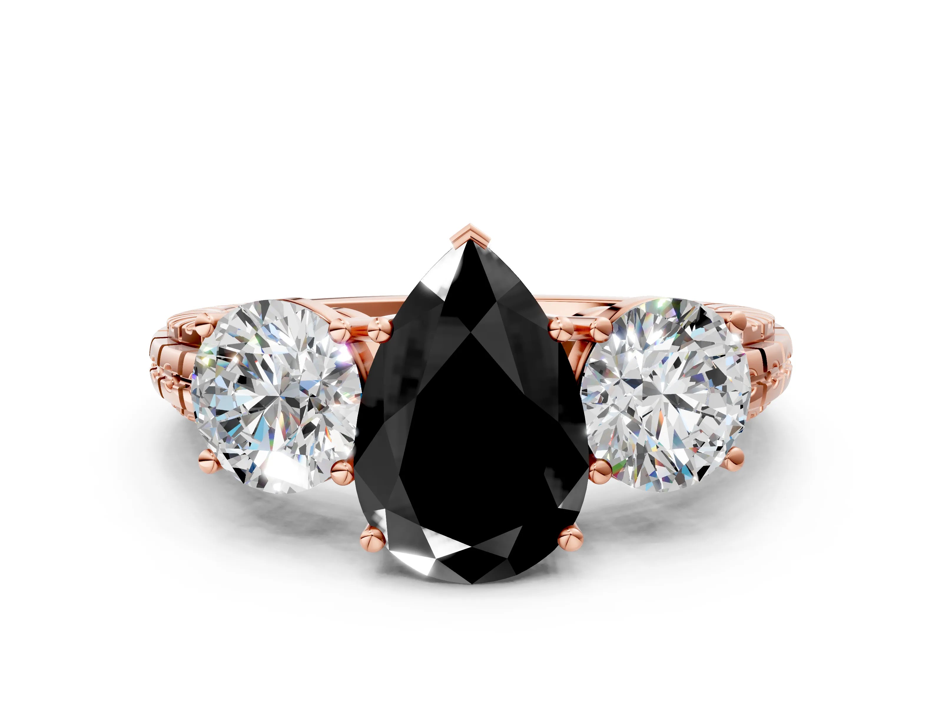 Rose gold Three-Stone Fancy Black Pear Cut Cut Diamond Ring with Channel-Set Band and Prong Setting