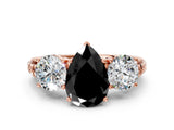 Rose gold Three-Stone Fancy Black Pear Cut Cut Diamond Ring with Channel-Set Band and Prong Setting