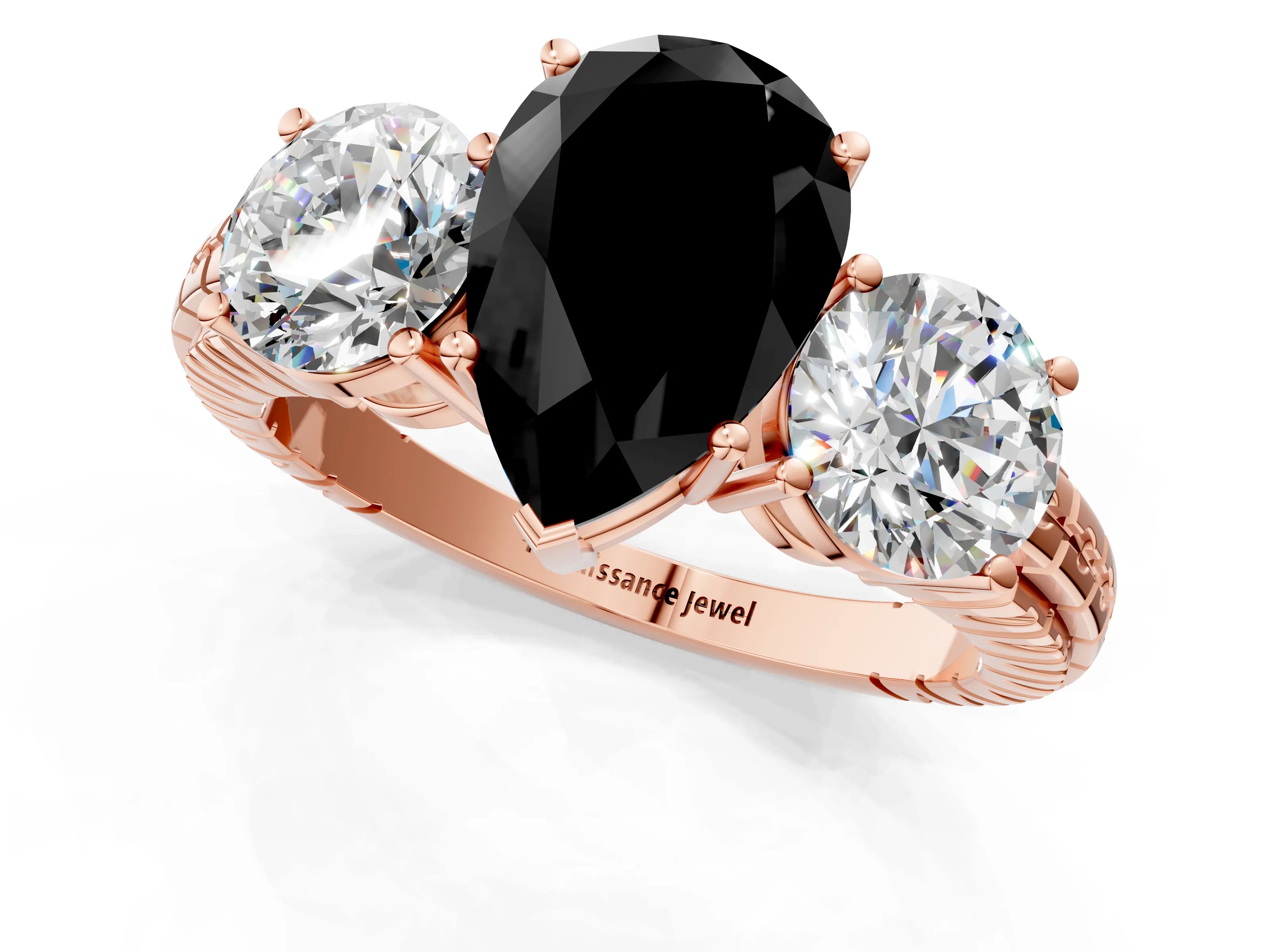 Rose gold Three-Stone Fancy Black Pear Cut Cut Diamond Ring with Channel-Set Band and Prong Setting_1