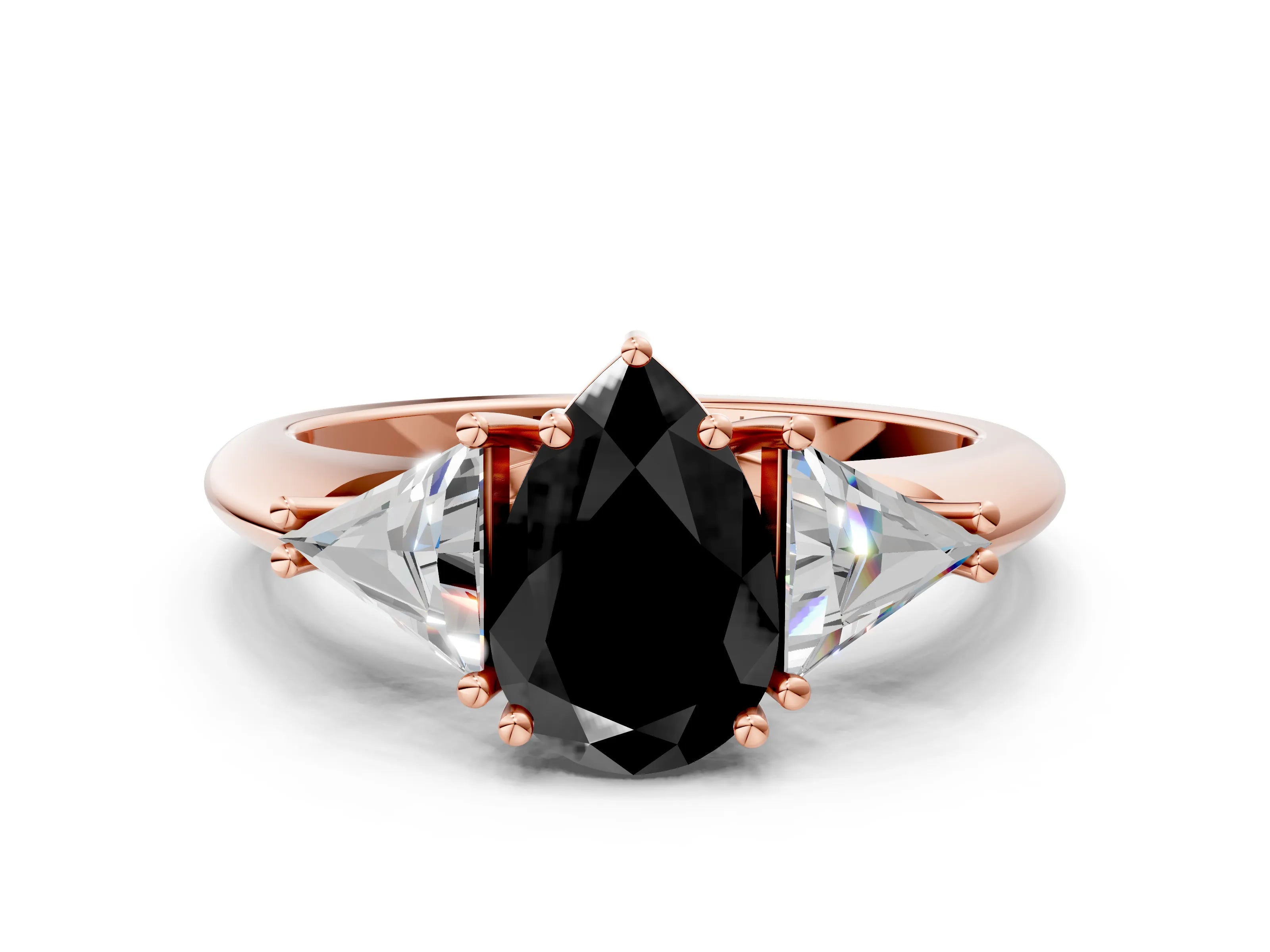 Rose gold Three-Stone Fancy Black Pear Cut Cut Diamond Ring with Trillion Side Stones and Four-Prong Setting_3