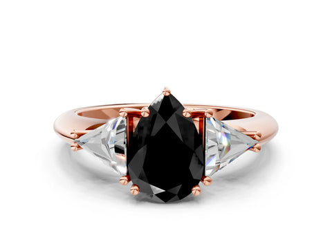 Rose gold Three-Stone Fancy Black Pear Cut Cut Diamond Ring with Trillion Side Stones and Four-Prong Setting_3