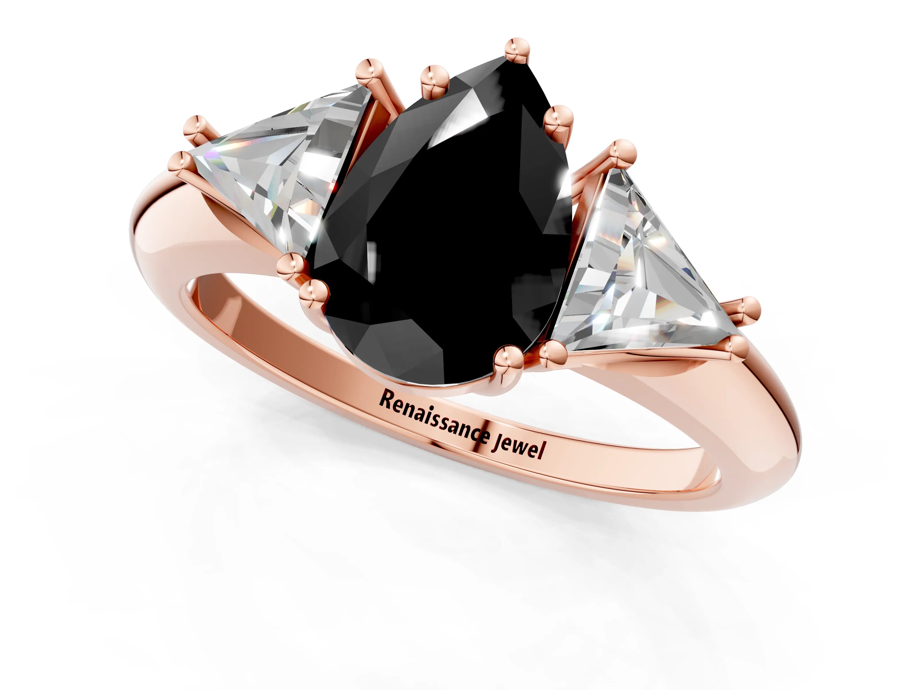 Rose gold Three-Stone Fancy Black Pear Cut Cut Diamond Ring with Trillion Side Stones and Four-Prong Setting_4