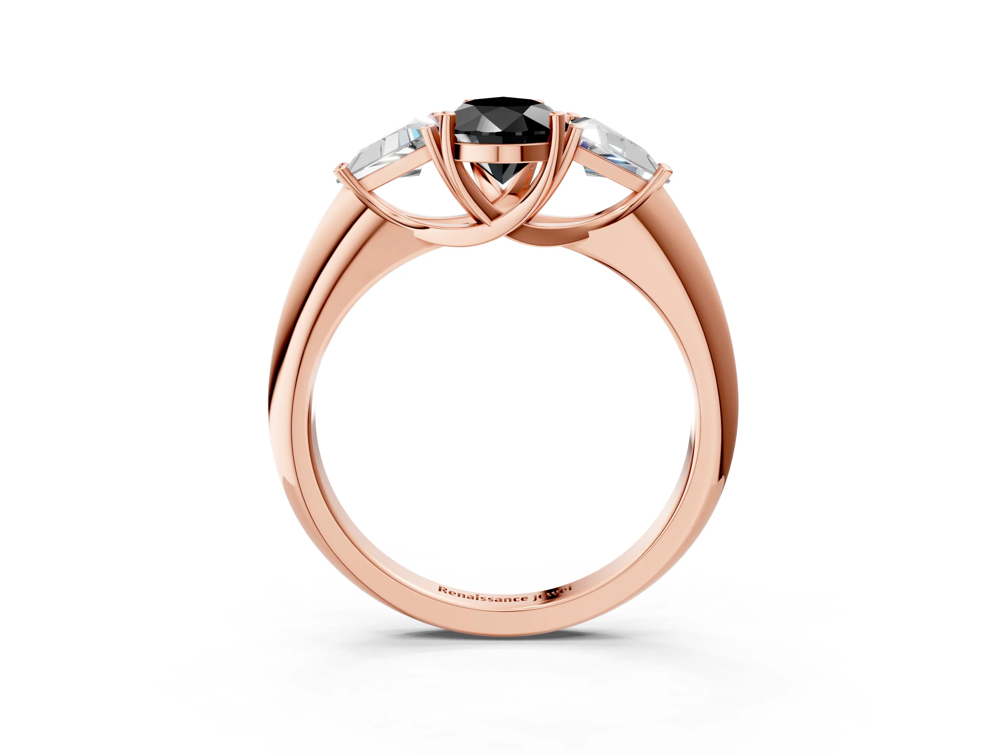 Rose gold Three-Stone Fancy Black Pear Cut Cut Diamond Ring with Trillion Side Stones and Four-Prong Setting_6
