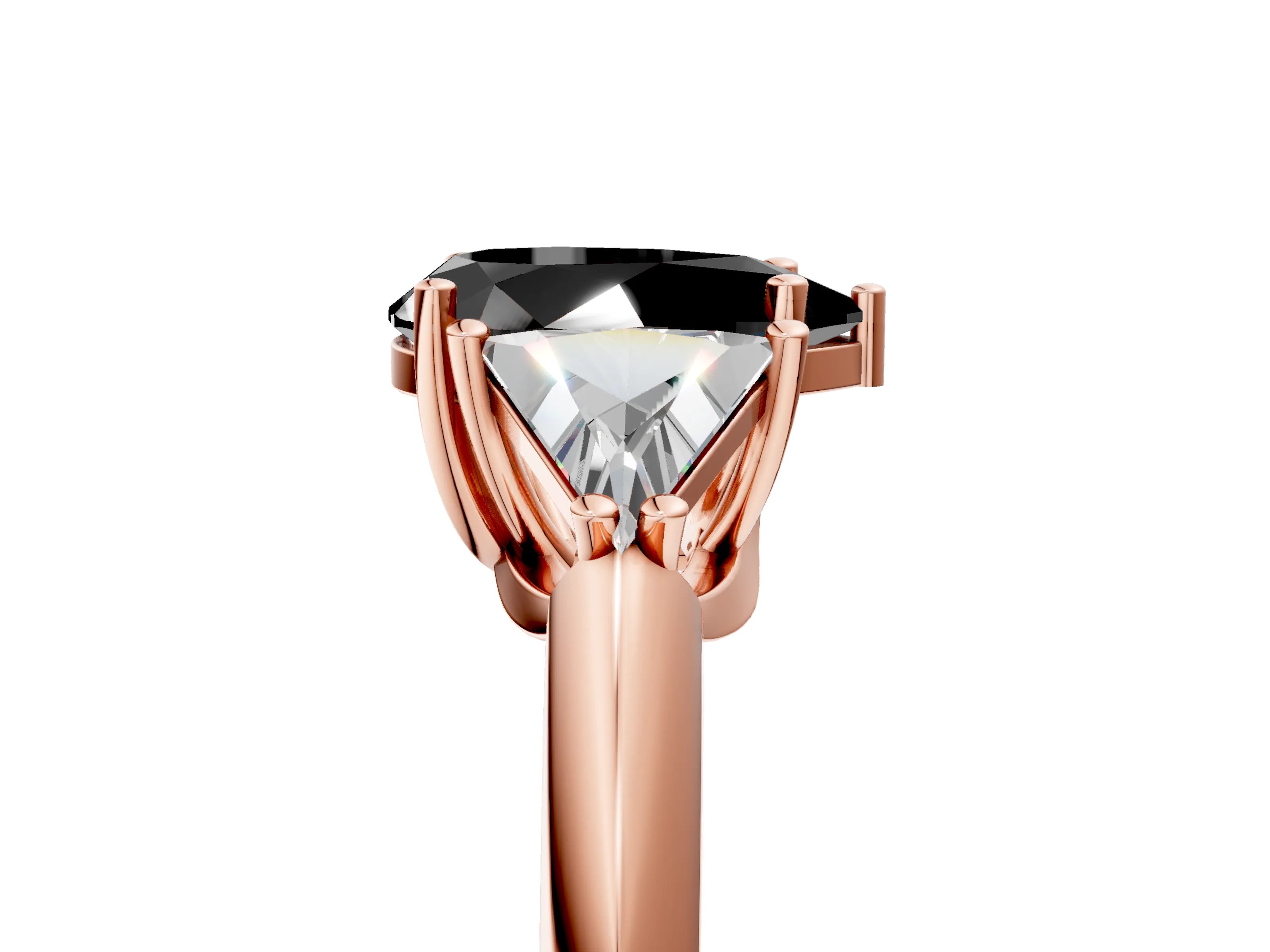 Rose gold Three-Stone Fancy Black Pear Cut Cut Diamond Ring with Trillion Side Stones and Four-Prong Setting_8