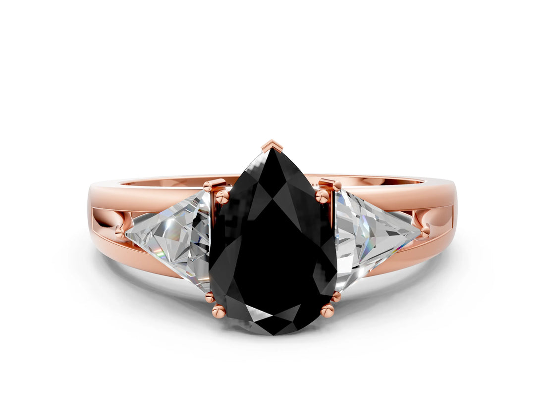 Rose gold Three-Stone Fancy Black Pear Cut Cut Diamond Ring with Trillion Side Stones on a Split Shank Band