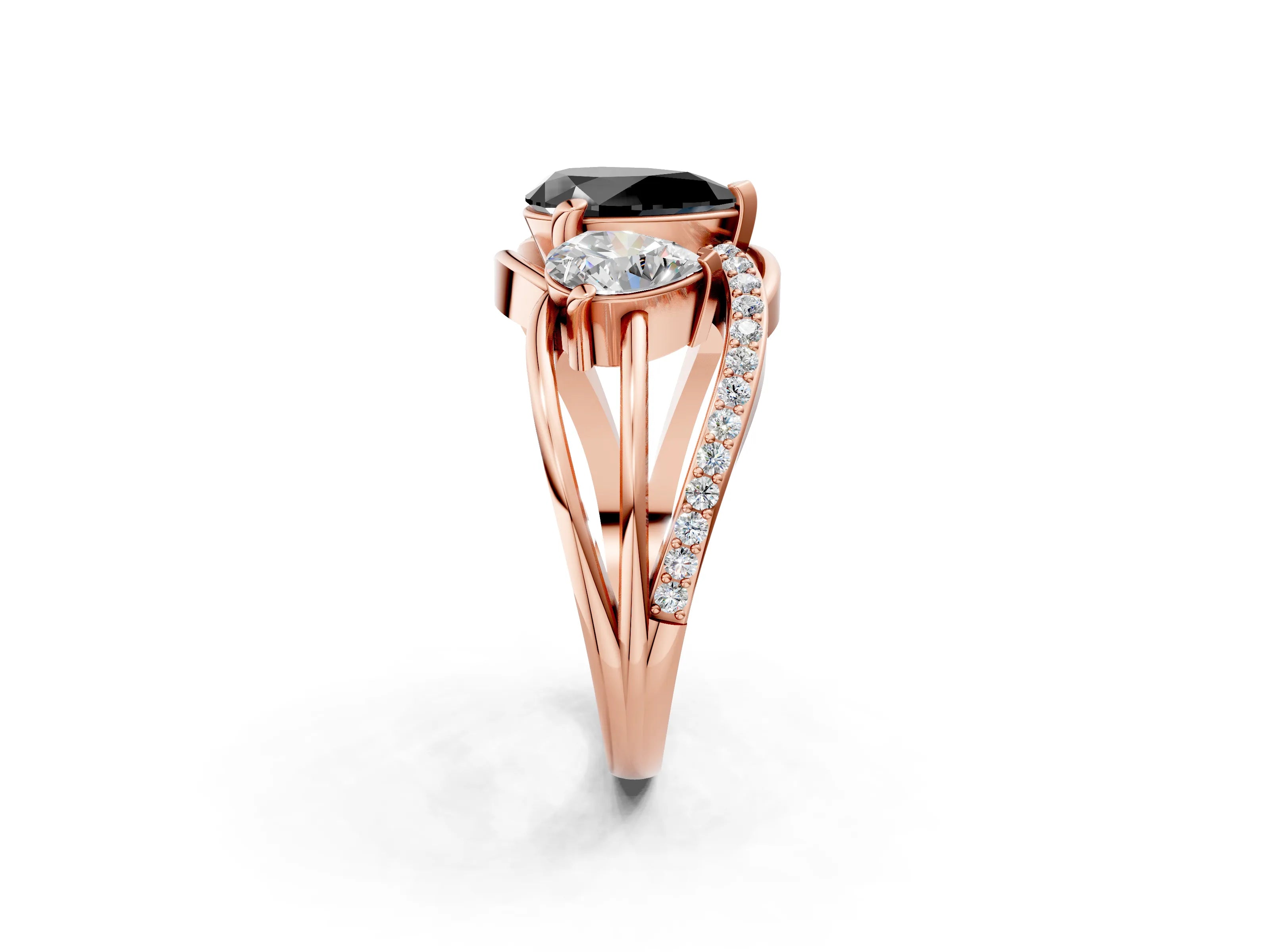 Rose gold Three-Stone Fancy Black Pear Cut Cut Diamond Split Shank Prong Set Ring_2