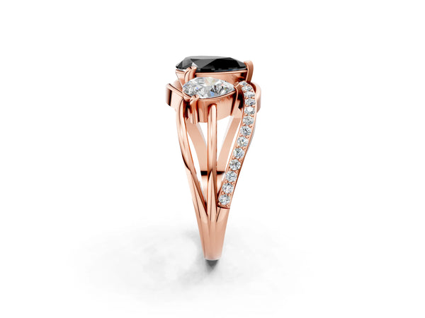 Rose Gold Pear-Shaped Three Stone Split Shank Engagement Ring Setting for Black Center