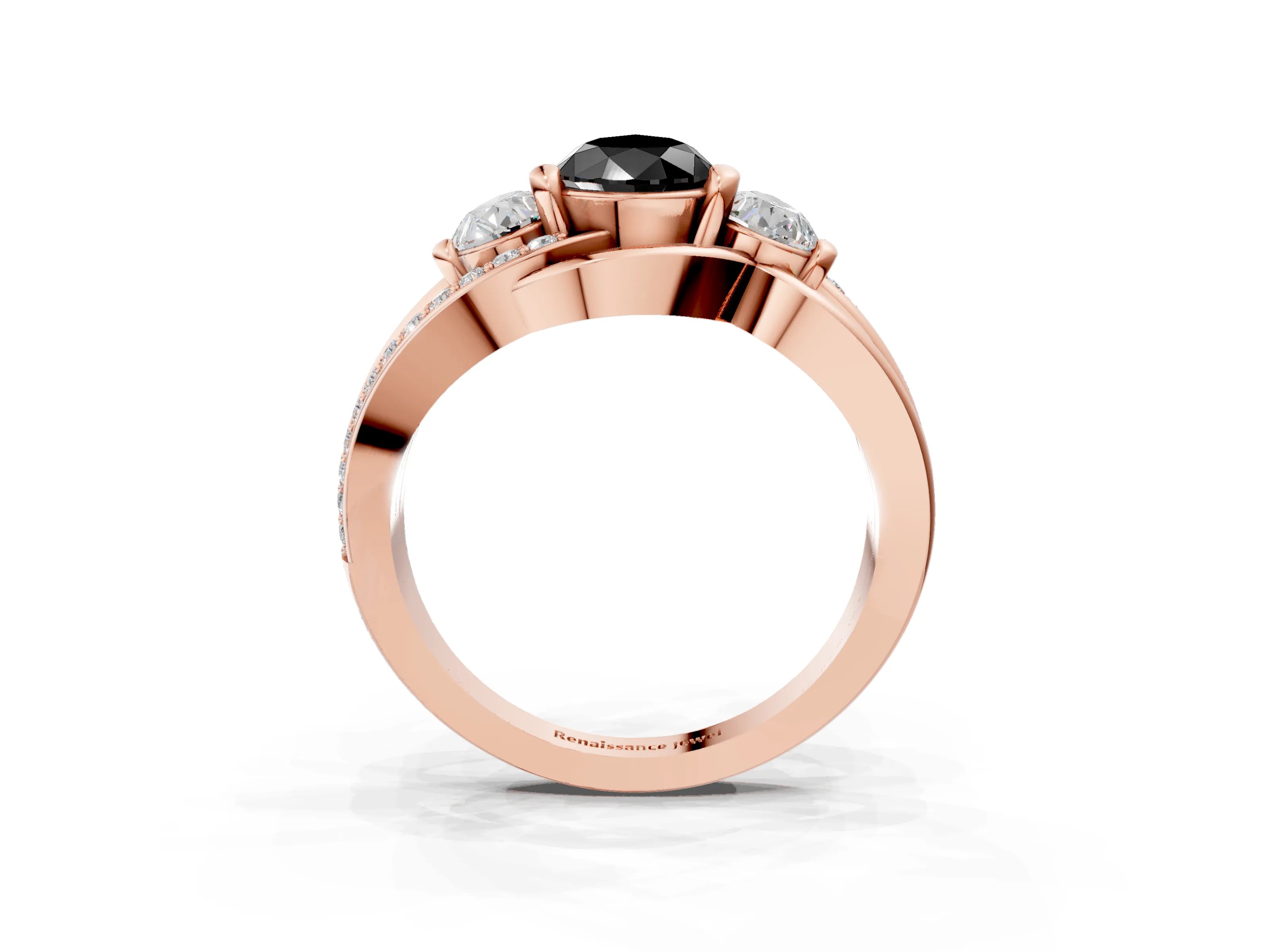 Rose gold Three-Stone Fancy Black Pear Cut Cut Diamond Split Shank Prong Set Ring_3