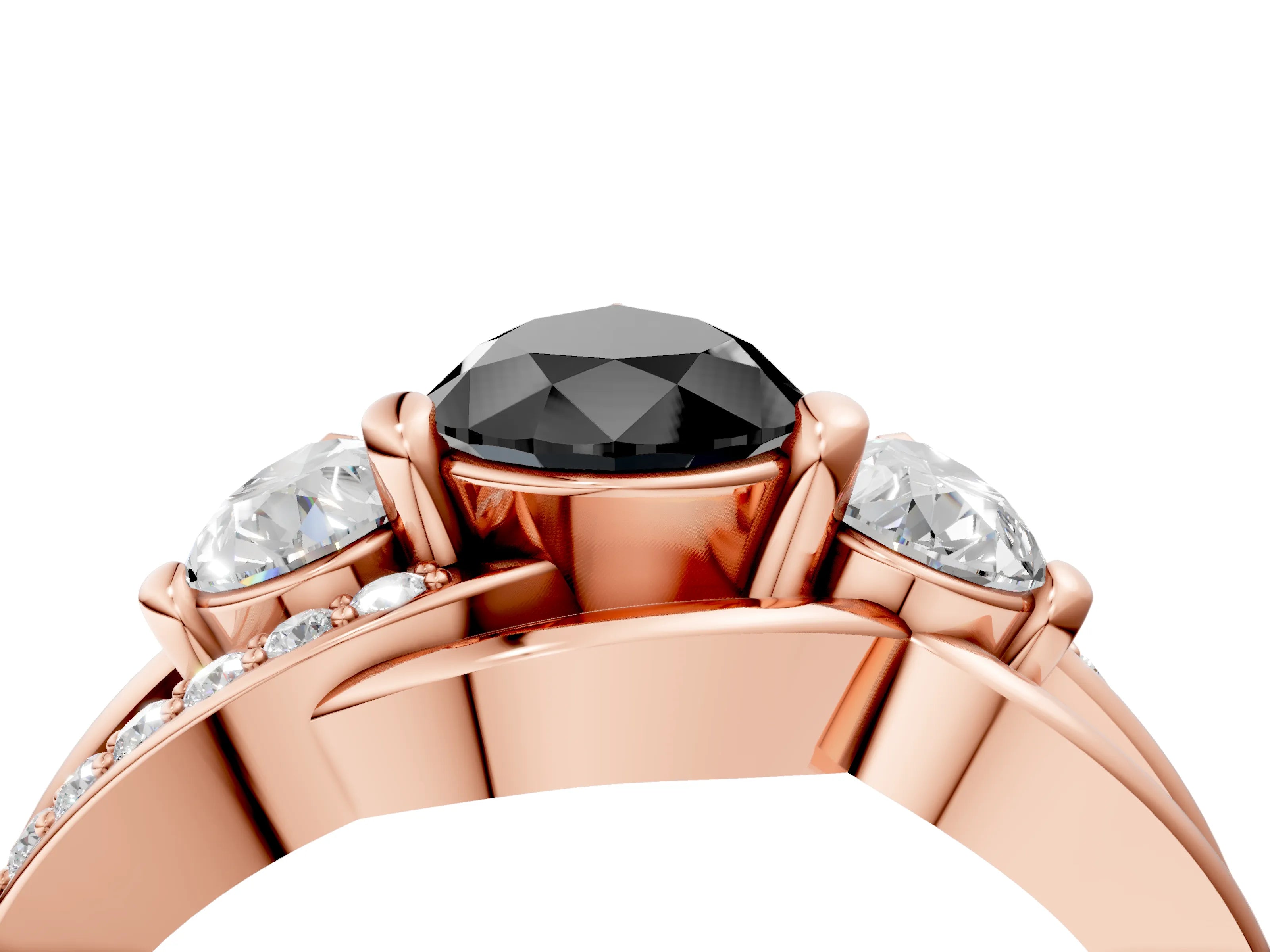 Rose gold Three-Stone Fancy Black Pear Cut Cut Diamond Split Shank Prong Set Ring_4
