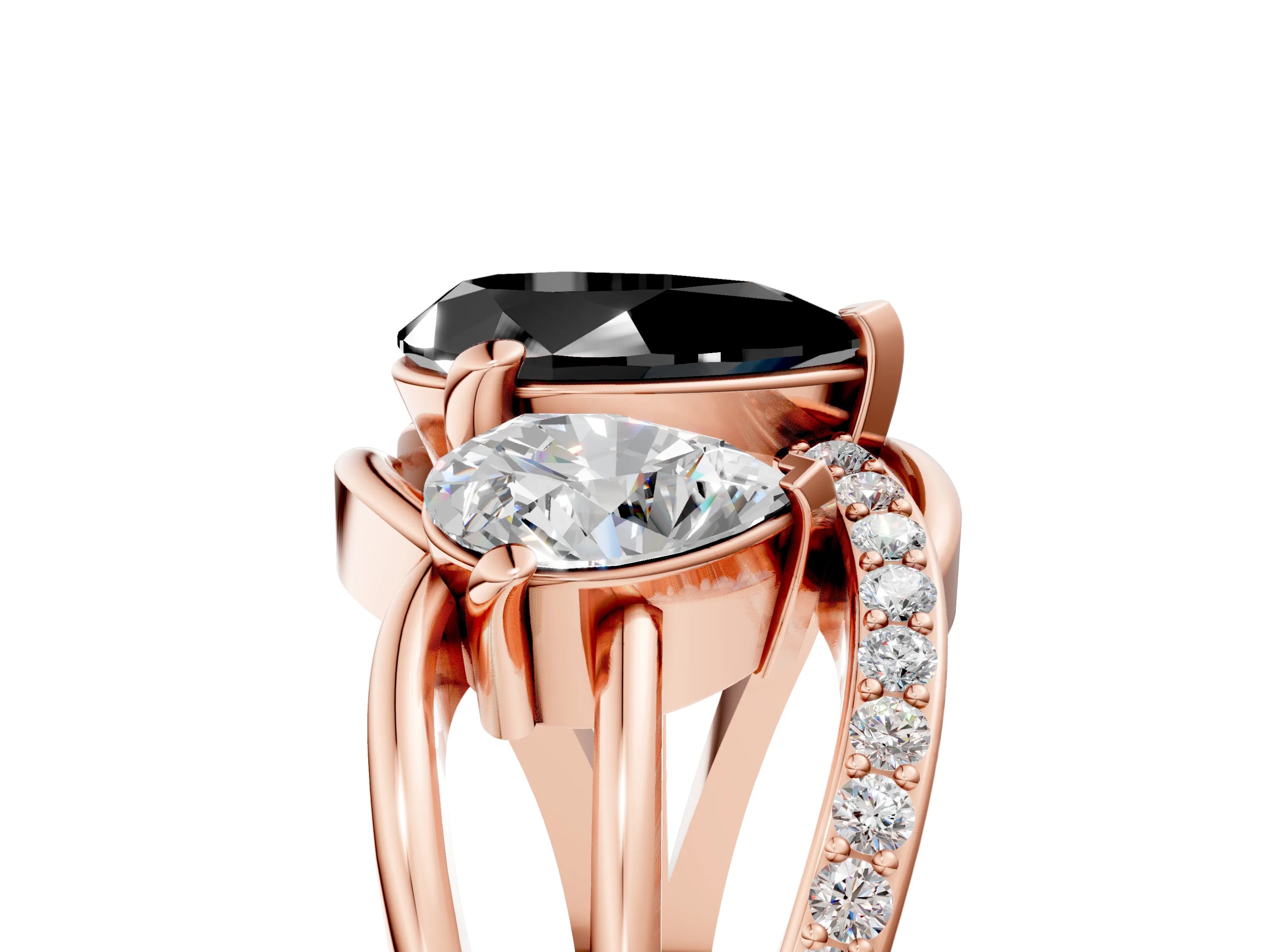 Rose gold Three-Stone Fancy Black Pear Cut Cut Diamond Split Shank Prong Set Ring_5