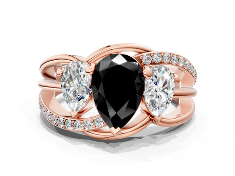 Rose gold Three-Stone Fancy Black Pear Cut Cut Diamond Split Shank Prong Set Ring