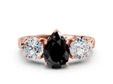 Rose gold Three-Stone Fancy Black Pear Cut Cut Milgrain Band Prong Setting Ring