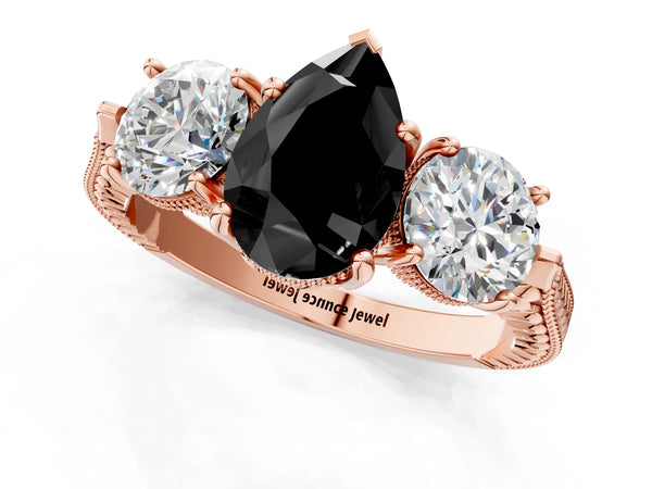 Rose Gold Pear-Shaped Vintage Three Stone Engagement Ring Setting for Black Center