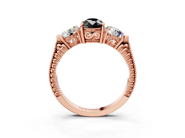 Rose Gold Pear-Shaped Vintage Three Stone Engagement Ring Setting for Black Center
