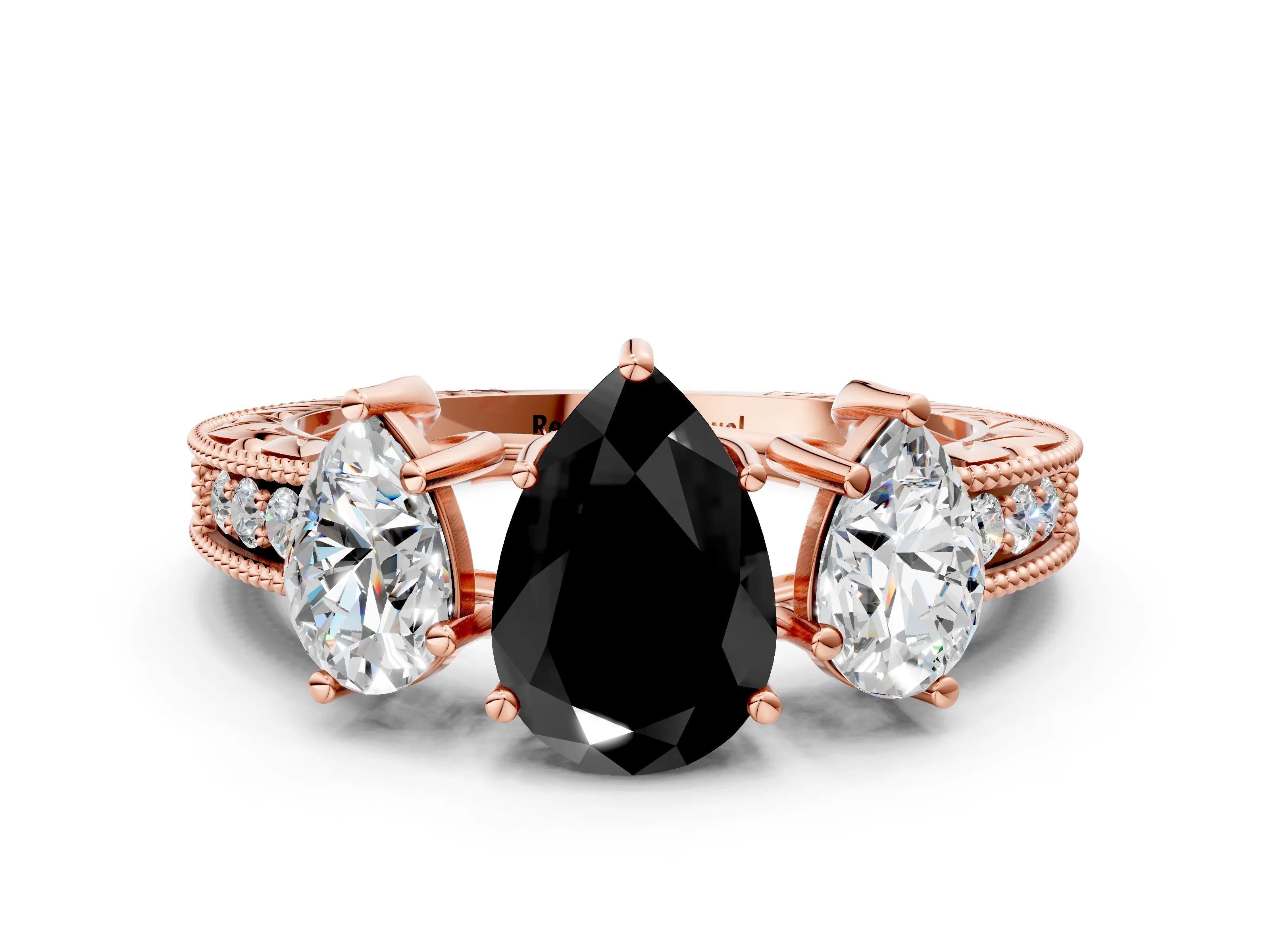 Rose gold Three-Stone Fancy Black Pear Cut Cut Milgrain Pavé Engagement Ring