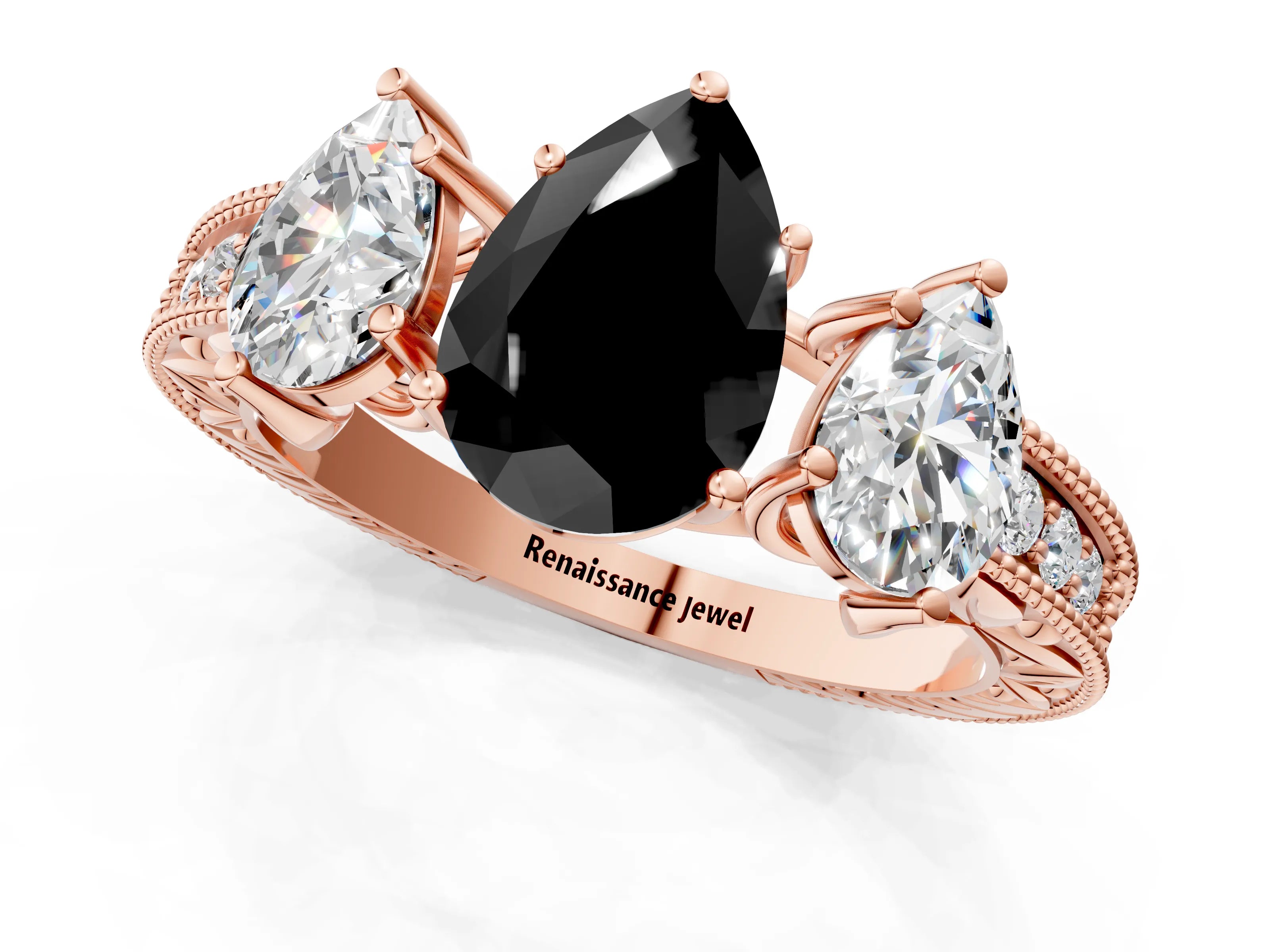 Rose gold Three-Stone Fancy Black Pear Cut Cut Milgrain Pavé Engagement Ring_1