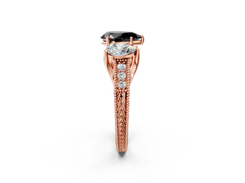 Rose gold Three-Stone Fancy Black Pear Cut Cut Milgrain Pavé Engagement Ring_14