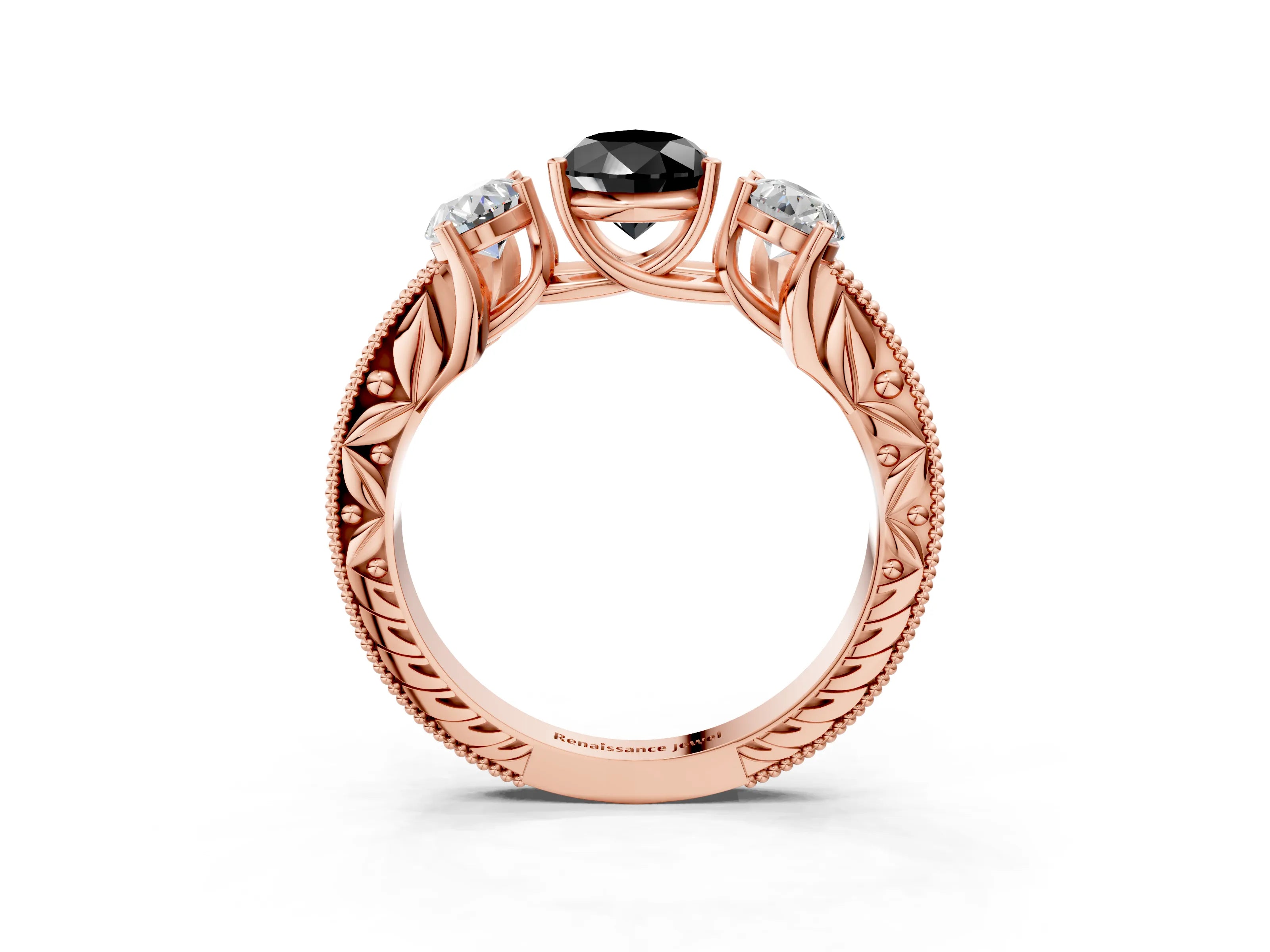Rose gold Three-Stone Fancy Black Pear Cut Cut Milgrain Pavé Engagement Ring_15