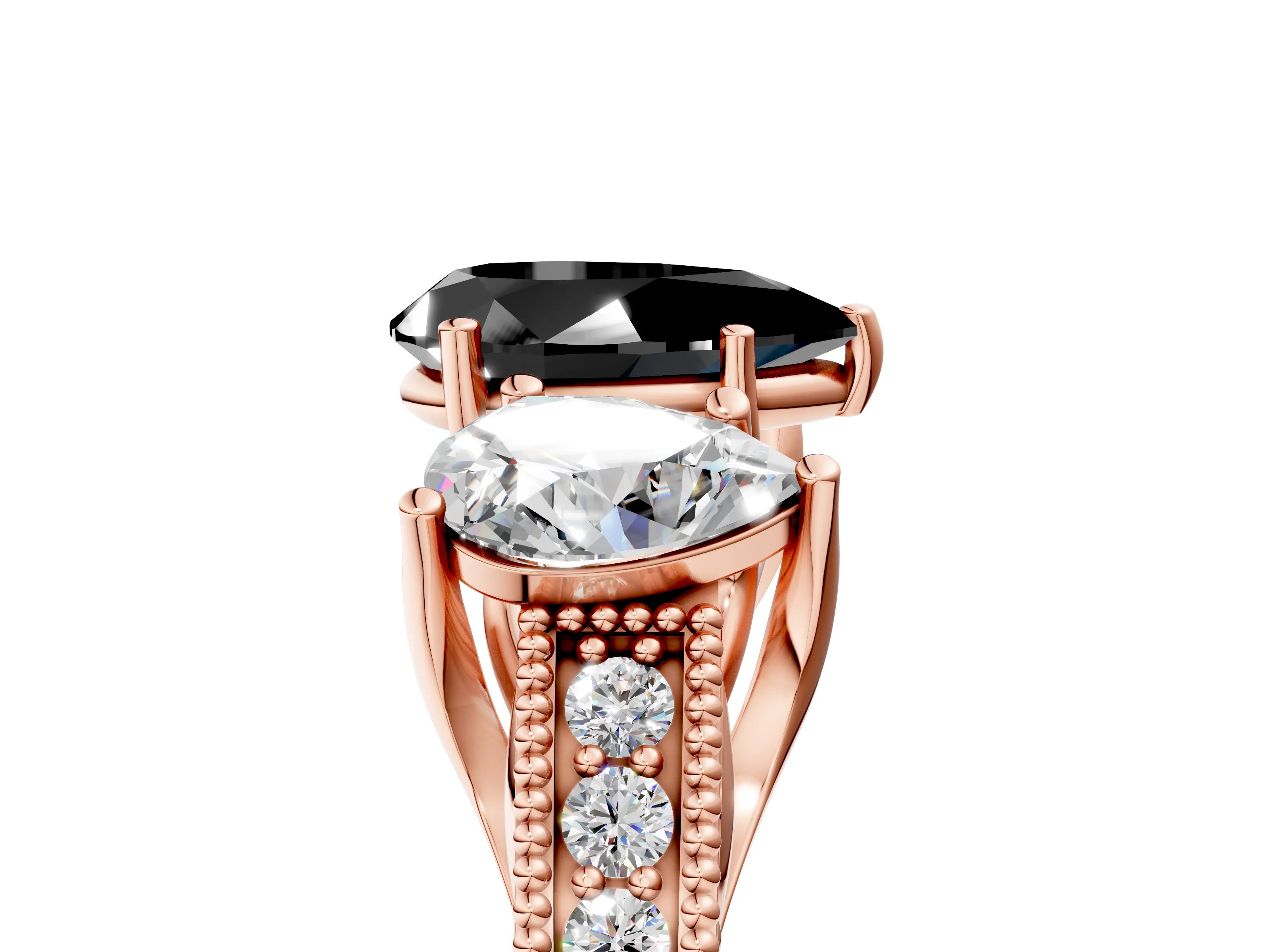 Rose gold Three-Stone Fancy Black Pear Cut Cut Milgrain Pavé Engagement Ring_17