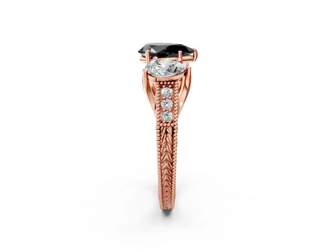 Rose gold Three-Stone Fancy Black Pear Cut Cut Milgrain Pavé Engagement Ring_2