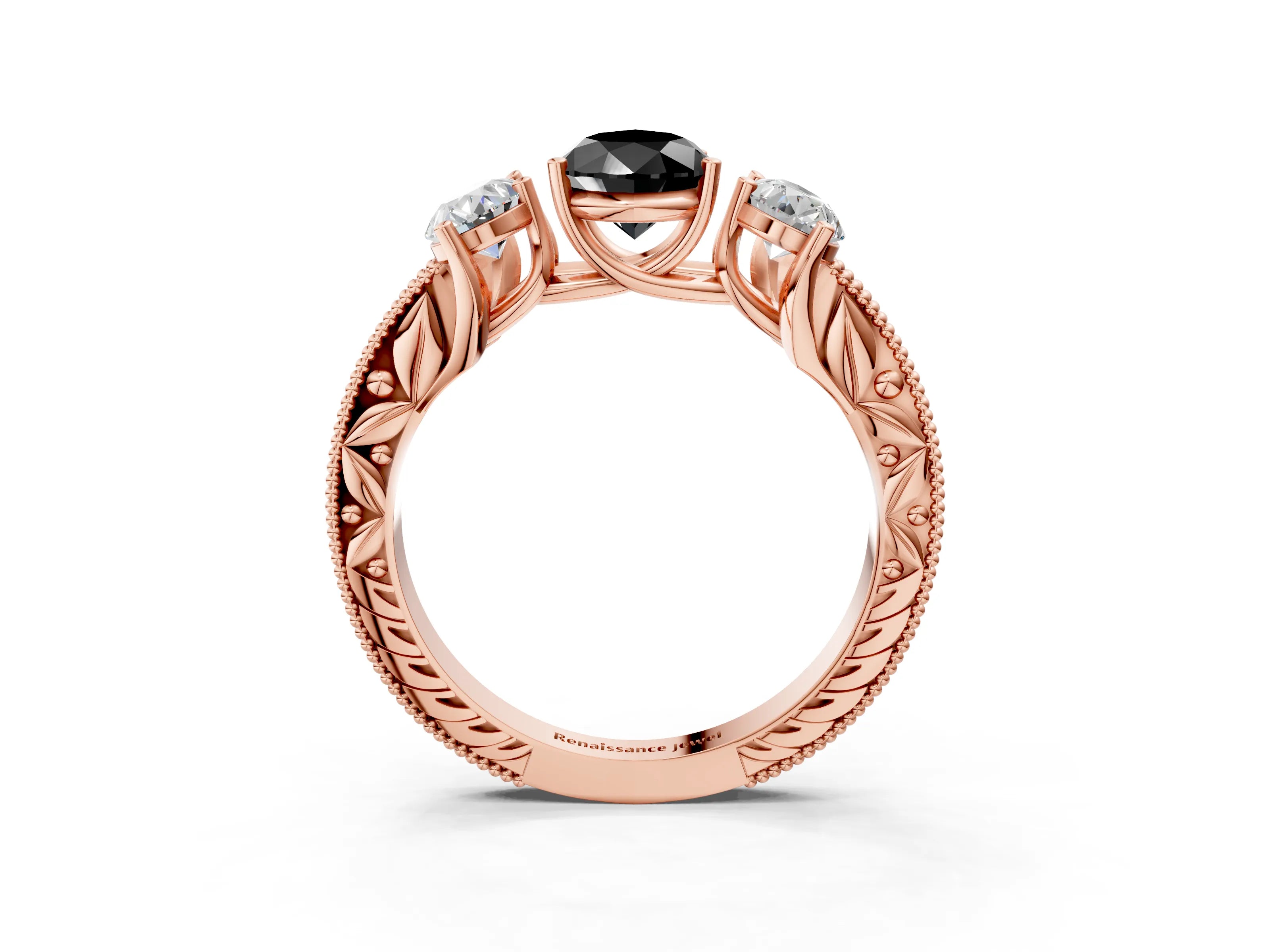 Rose gold Three-Stone Fancy Black Pear Cut Cut Milgrain Pavé Engagement Ring_3