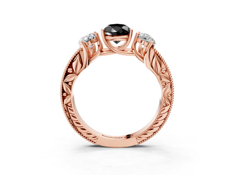 Rose gold Three-Stone Fancy Black Pear Cut Cut Milgrain Pavé Engagement Ring_3
