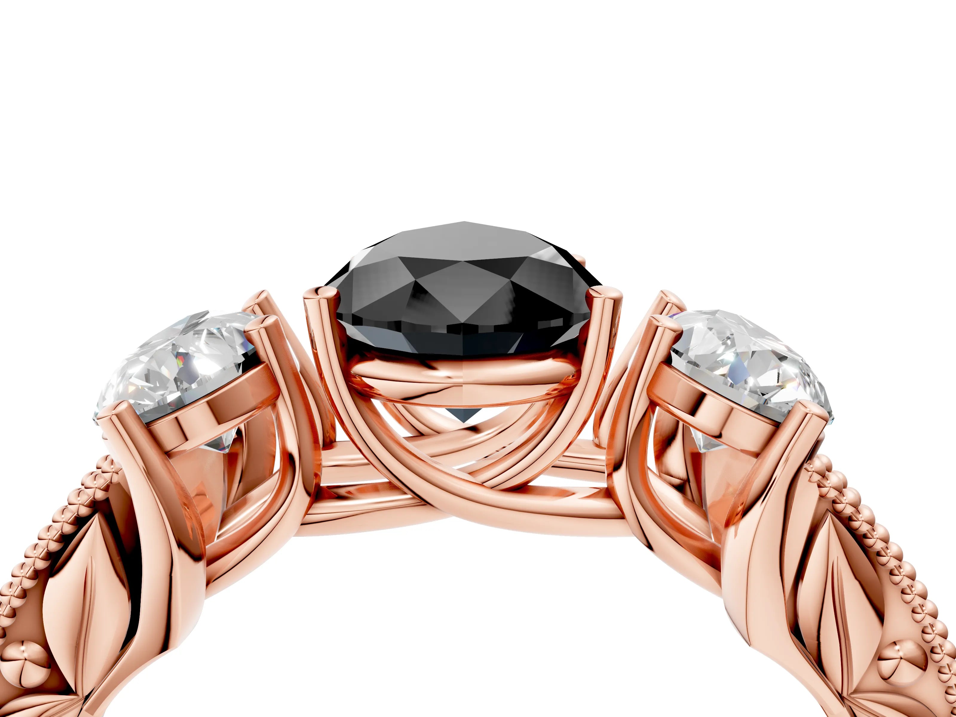 Rose gold Three-Stone Fancy Black Pear Cut Cut Milgrain Pavé Engagement Ring_4