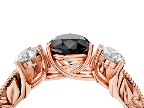 Rose gold Three-Stone Fancy Black Pear Cut Cut Milgrain Pavé Engagement Ring_4