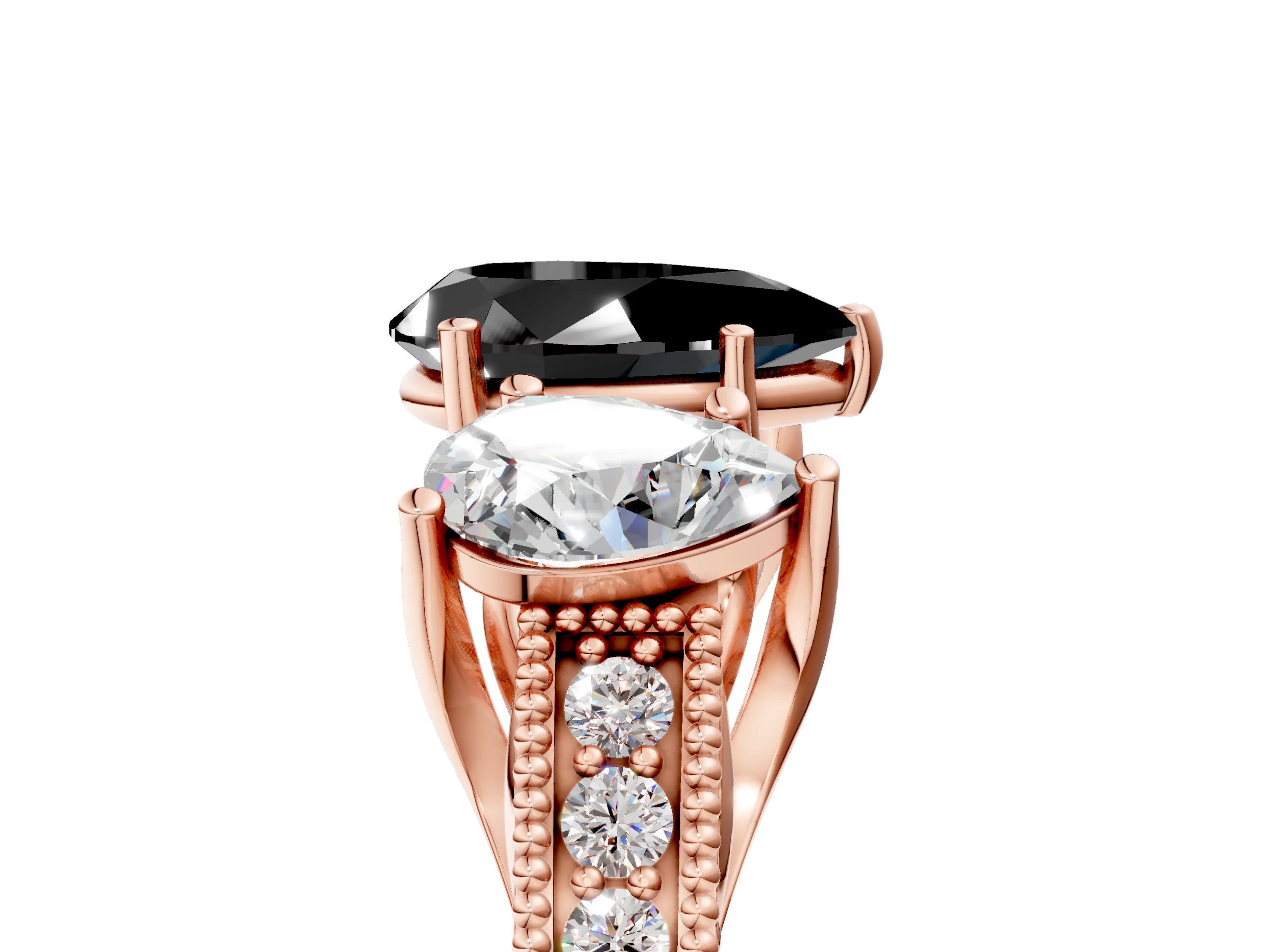 Rose gold Three-Stone Fancy Black Pear Cut Cut Milgrain Pavé Engagement Ring_5