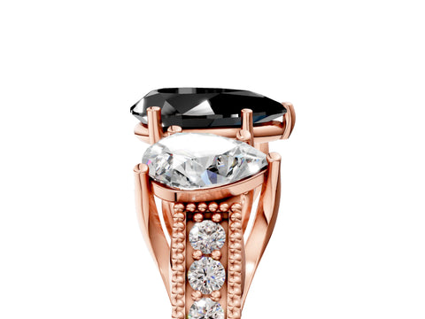 Rose gold Three-Stone Fancy Black Pear Cut Cut Milgrain Pavé Engagement Ring_5