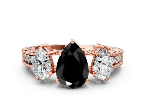 Rose gold Three-Stone Fancy Black Pear Cut Cut Milgrain Pavé Engagement Ring