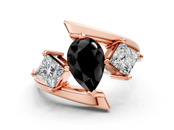 Rose gold Three-Stone Fancy Black Pear Cut Cut Tension Band Ring with Four-Prong Setting
