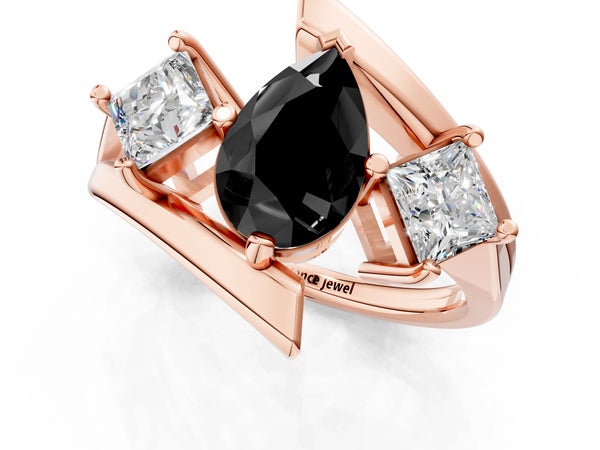 Rose gold Three-Stone Fancy Black Pear Cut Cut Tension Band Ring with Four-Prong Setting