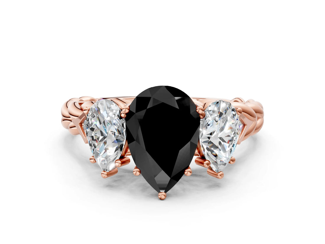 Rose gold Three-Stone Fancy Black Pear Cut Diamond Braided Band Ring with Four-Prong Setting_12