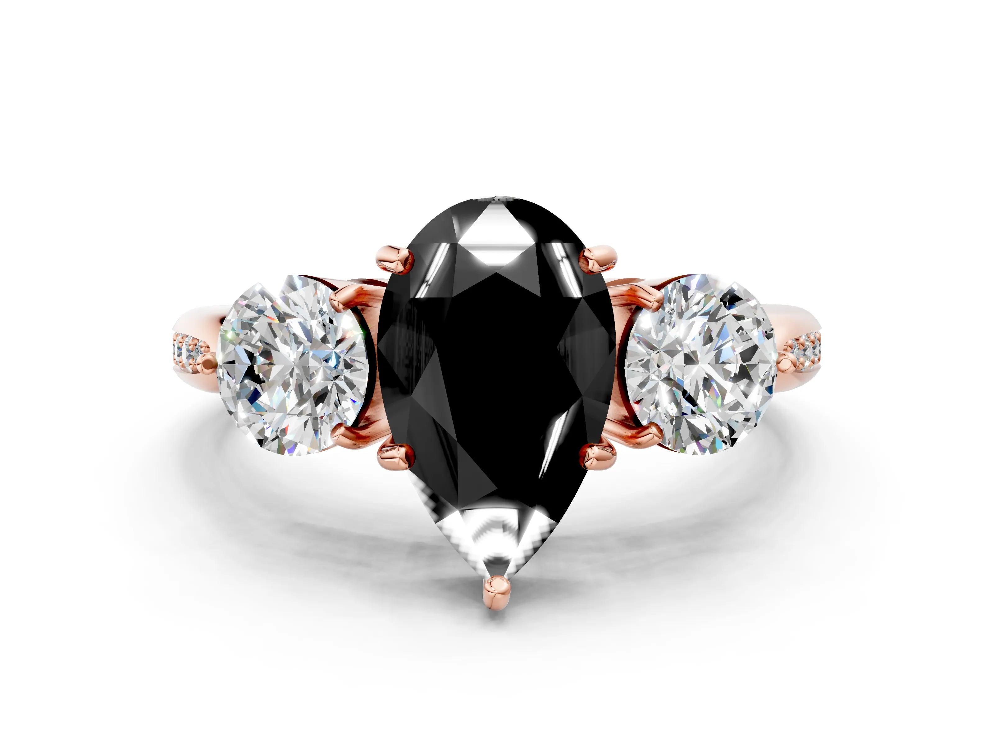 Rose gold Three-Stone Fancy Black Pear Cut Diamond Channel Set Engagement Ring with Prong Setting
