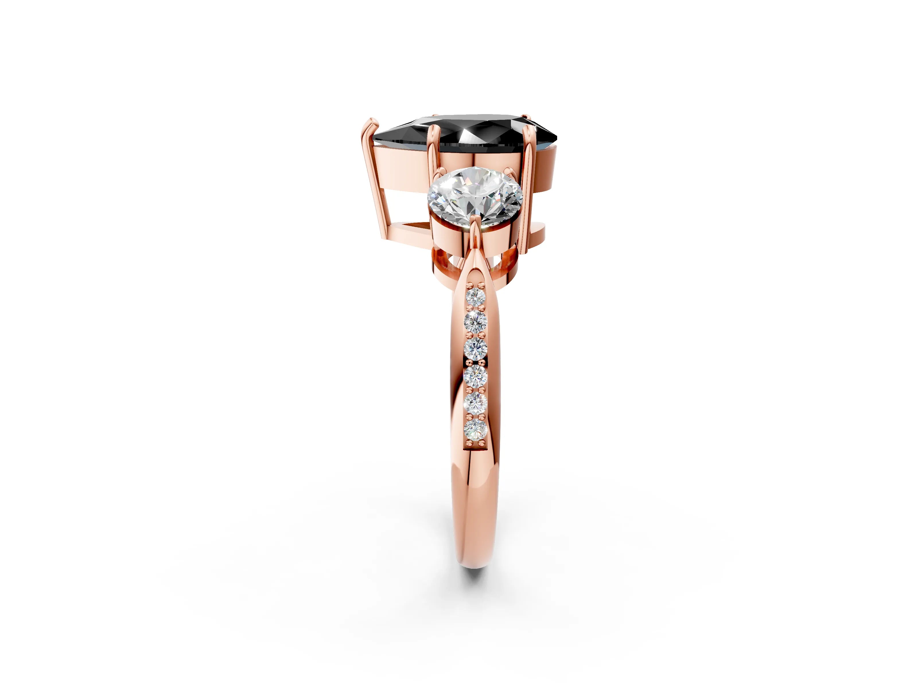 Rose gold Three-Stone Fancy Black Pear Cut Diamond Channel Set Engagement Ring with Prong Setting_2
