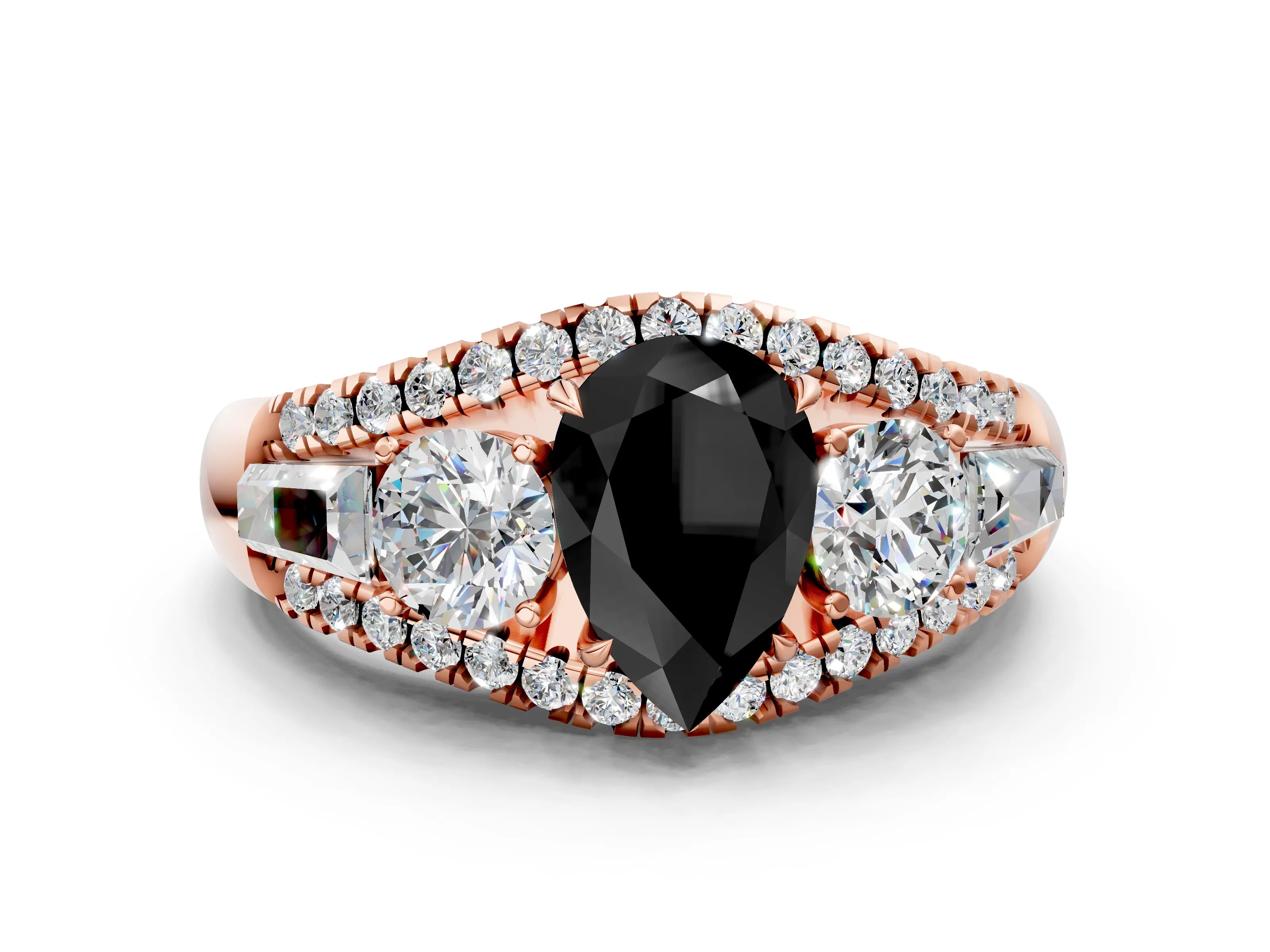 Rose gold Three-Stone Fancy Black Pear Cut Diamond Engagement Ring with Pave Band and Prong Setting