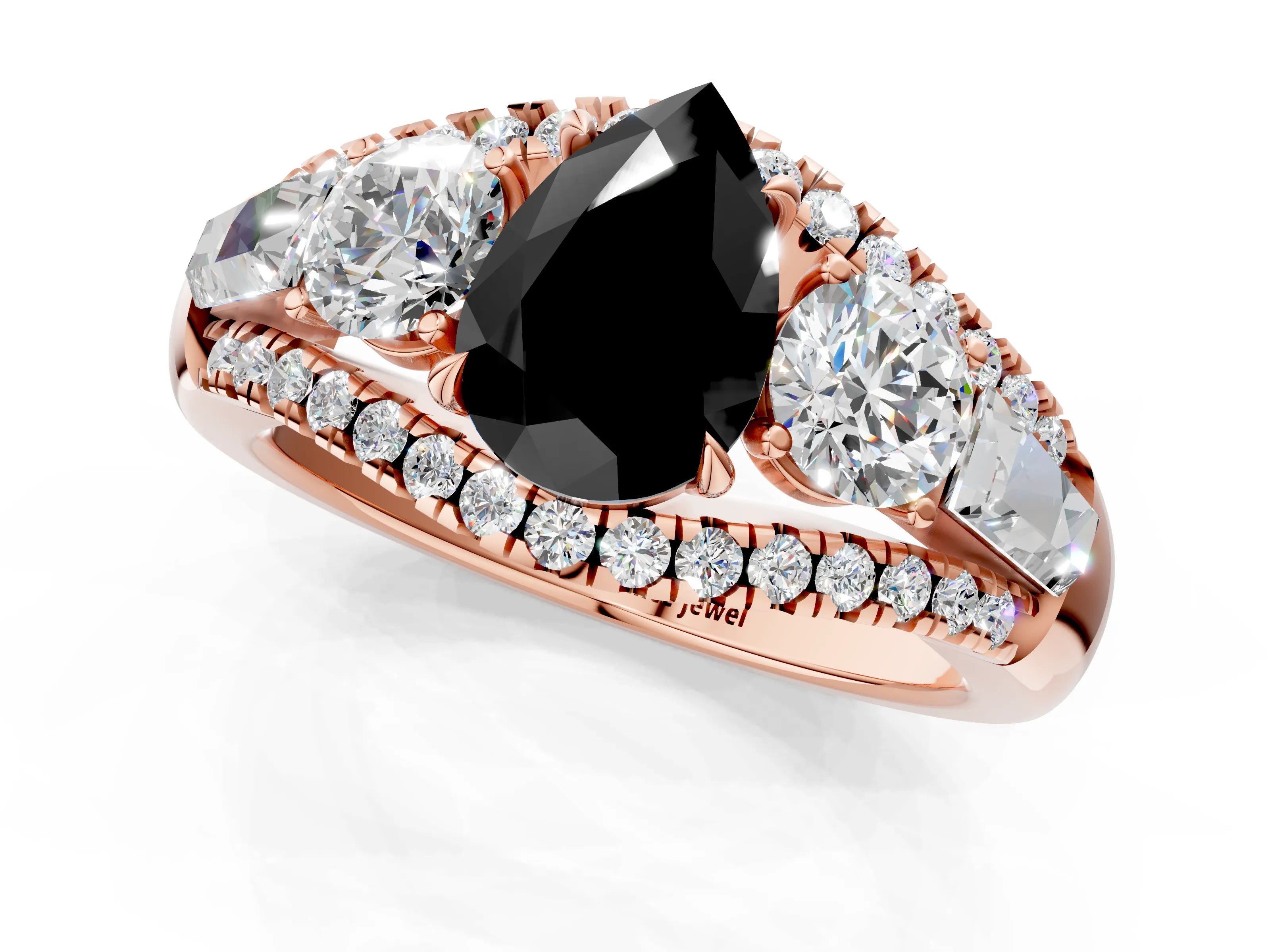 Rose gold Three-Stone Fancy Black Pear Cut Diamond Engagement Ring with Pave Band and Prong Setting_1