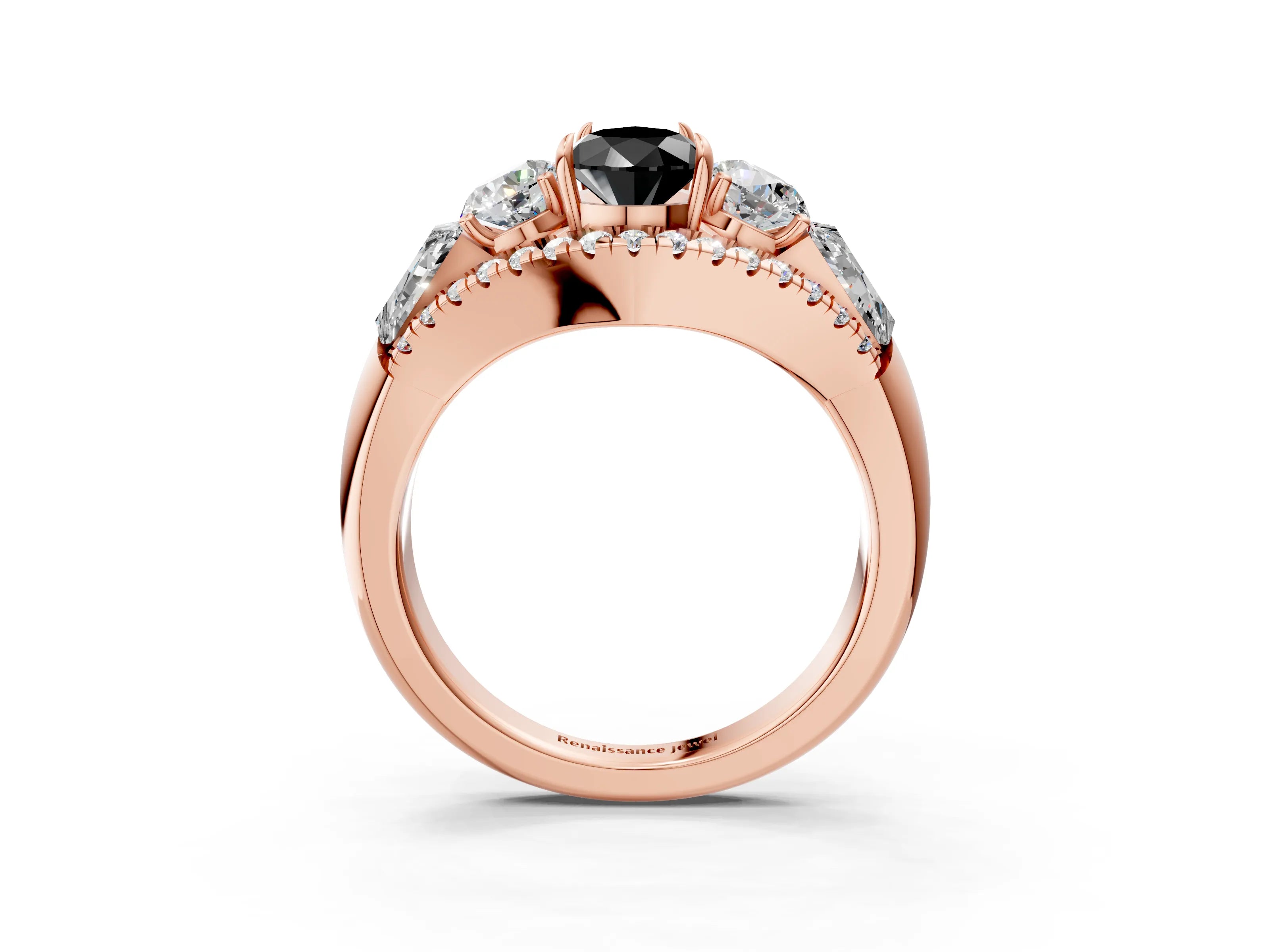 Rose gold Three-Stone Fancy Black Pear Cut Diamond Engagement Ring with Pave Band and Prong Setting_3