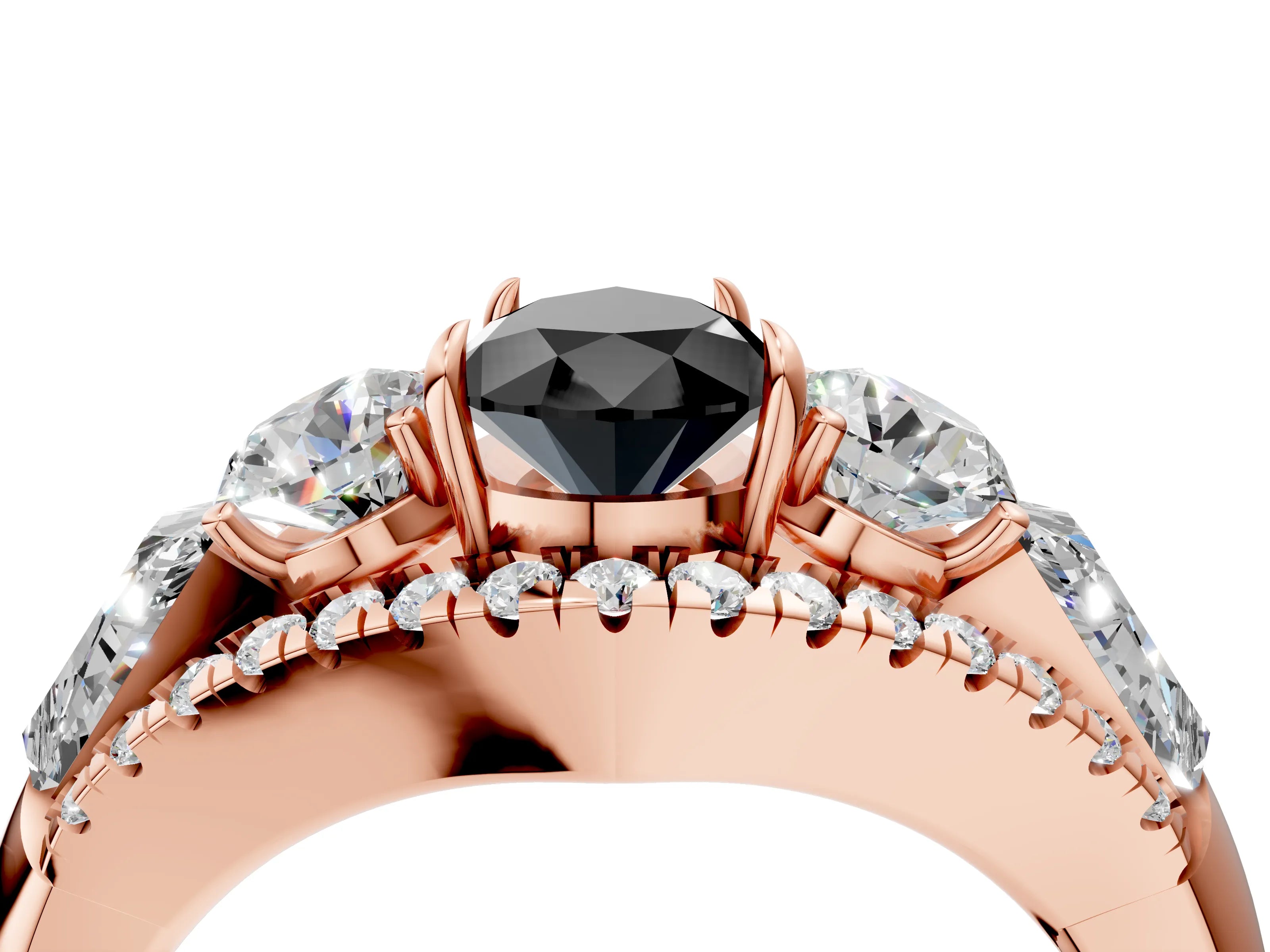 Rose gold Three-Stone Fancy Black Pear Cut Diamond Engagement Ring with Pave Band and Prong Setting_4