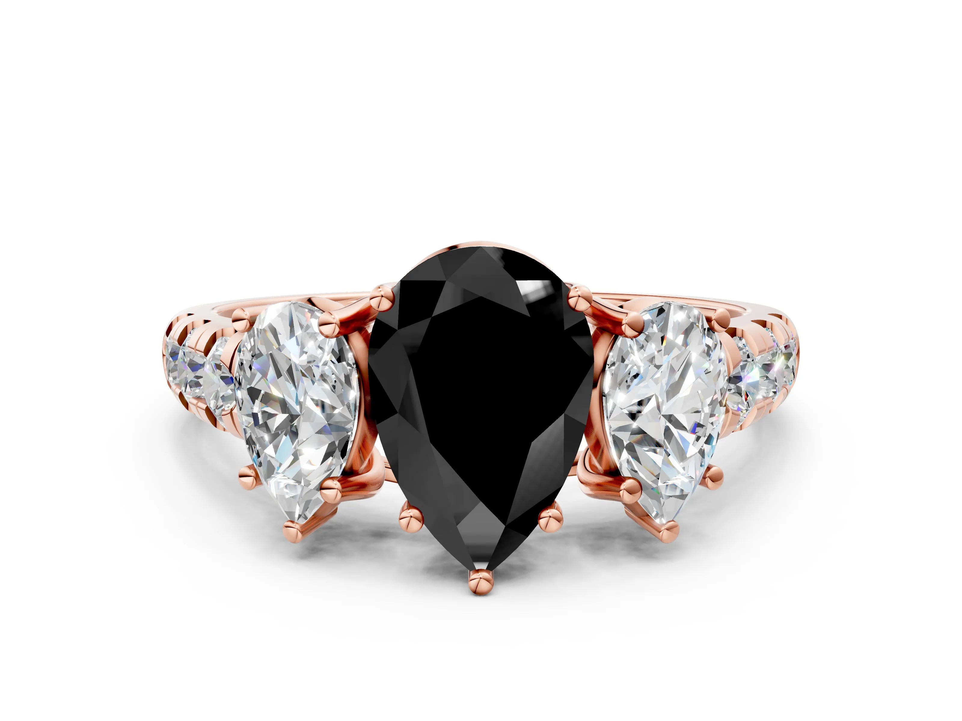 Rose gold Three-Stone Fancy Black Pear Cut Diamond Pavé Band with Prong Setting