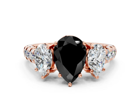 Rose gold Three-Stone Fancy Black Pear Cut Diamond Pavé Band with Prong Setting